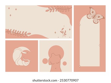 Diseño de Plantilla estética. Marco Abstractas con flores, busto femenino y serpiente en media luna. Objetos de arte bohemio minimalista. Colección plana del Vector aislada en el fondo blanco