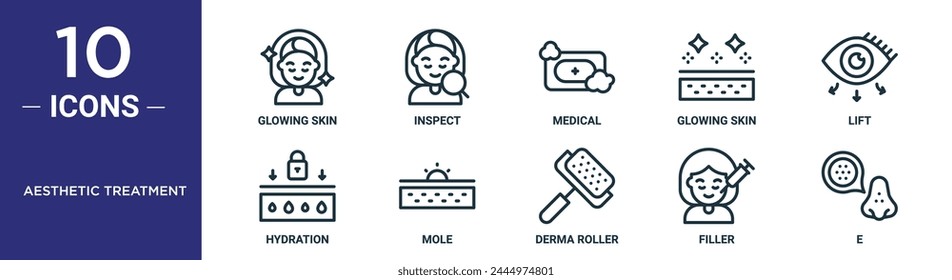 aesthetic treatment outline icon set includes thin line glowing skin, inspect, medical, glowing skin, lift, hydration, mole icons for report, presentation, diagram, web design