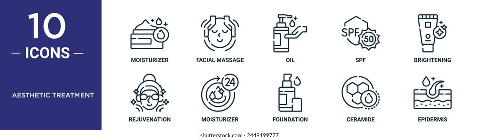 el conjunto de íconos de contorno de tratamiento estético incluye hidratante de línea fina, masaje facial, aceite, spf, abrillantamiento, rejuvenecimiento, íconos de hidratación para informe, presentación, diagrama, Diseño web