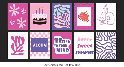 Aesthetic Trendy summer designs combining fun typography with delicious produce – strawberries, tomatoes, broccoli, and more – ideal for social media or poster templates.

