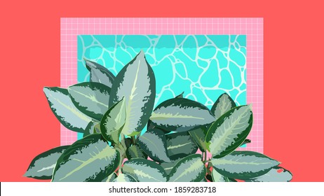 Aesthetic tropical Aglaonema (Chinese evergreen) plants and pool, simple nostalgic vintage summer vibe, pastel pink and green flat illustration