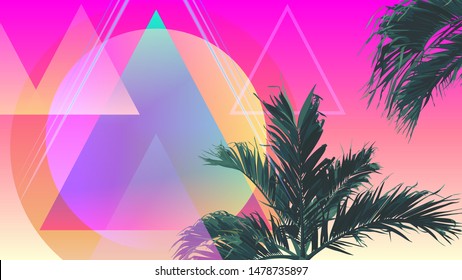 Aesthetic tropical palm trees and geometric triangle shape, super neon gradient colour palette, summer vibe space nostalgic feelings