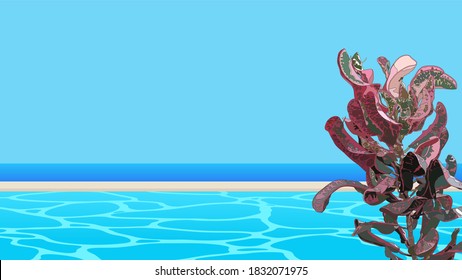 Aesthetic tropical plants and beach side pool with clear blue sky, nostalgic tropical sunny summer vibe, flat illustration