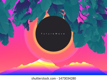 Aesthetic tropical plants and mountain landscape scene, super neon gradient colour palette, space summer vibe nostalgic feelings