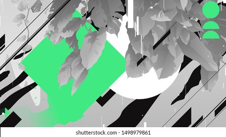 Aesthetic tropical poster, card print template with geometric, digital glitch and paint brush elements, black and white plants with neon green shape