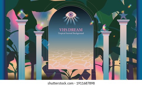 Aesthetic tropical template, banana trees and roman column with star icon, arch windows and water ripple for copy space, tint rainbow pastel color palette, nostalgia space summer feeling