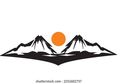 Aesthetic twin volcano black and white silhouette. Mount Fuji silhouette under full sun. Vector illustration for icon, logo, symbol. Fujiyama illustration isolated linear design element.