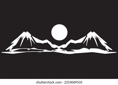 Aesthetic twin volcanoes white and black silhouette firs snow. Mount Fuji and full moon silhouette - Winter landscape. Vector illustration for icon, logo, symbol. Fujiyama minimalistic winter travel.