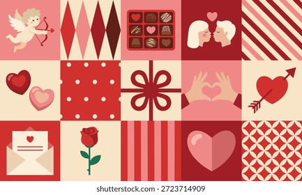 Ästhetische Valentinstag Vektor nahtlose Muster. Romantische Grußkarte im Bauhausstil mit süßen Liebeselementen und Symbolen. Modernes Trenddesign für Banner, Einladungen, Prints, Promo-Angebote.