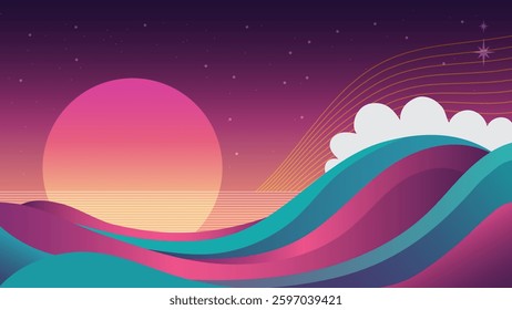 Aesthetic Vaporwave Landscape with Abstract Waves and Sun