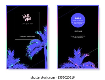 Aesthetic vaporwave neon palm tree card design sets template, vibtant fluorescent color, Nostalgic feeling