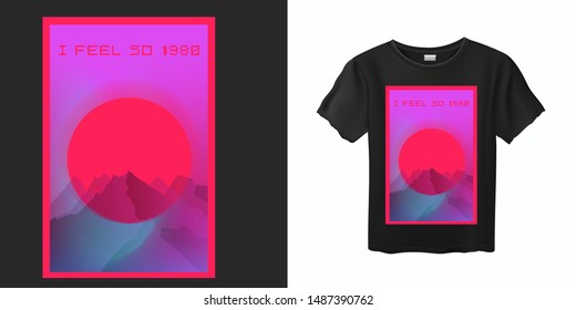 Aesthetic Vaporwave T-shirt Print Template with Sun and Mountains: 90s 80s Retro Cartoon Kawaii Otaku Hipster Style, Synthwave, Retrowave Neon Color Pastel Tones.