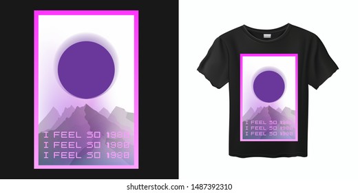 Aesthetic Vaporwave T-shirt Print Template with Sun and Mountains: 90s 80s Retro Cartoon Kawaii Otaku Hipster Style, Synthwave, Retrowave Neon Color Pastel Tones.
