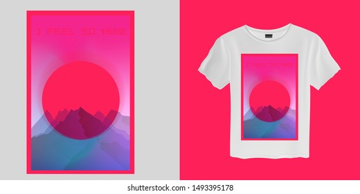 Aesthetic Vaporwave T-shirt Print Template with Sun and Mountains: 90s 80s Retro Cartoon Kawaii Otaku Hipster Style, Synthwave, Retrowave Neon Color Pastel Tones. 