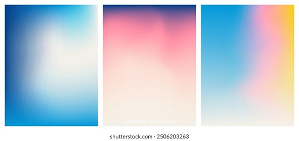 Aesthetic various sky set. Clouds. Sunset. Sunrise. Blurred sky gradient background. Simple soft light backdrop. Pastel colored vertical vector banner. Gradient template design for poster, social post