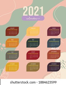 aesthetic Vector calendar template for the 2021 year