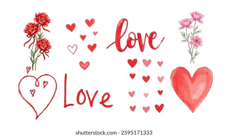 Aesthetic Vector illustration with copy space of cute heart with flowers peonies on a white background and with the inscriptions love for greeting, anniversary card or background