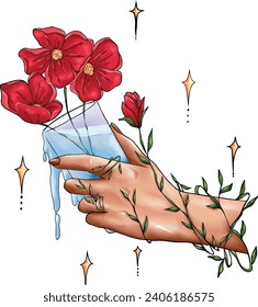 Aesthetic vector illustration hand holding a glass with red flower and sparkling around