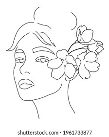 Aesthetic vector line art. Beautiful woman with flowers. Fashion model with elegant hair.