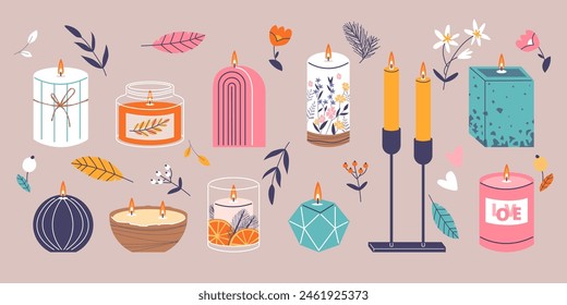 Conjunto de Vector estético de velas perfumadas adornadas con botánicos, perfecto para la decoración y el ambiente acogedor del hogar.