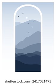 Aesthetic view blue mountains with flying birds landscape poster. Japanese minimalist illustration