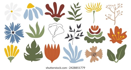 Aesthetic vintage abstract flowers collection isolated. Groovy retro plants and leaves set. Modern hippie shape poster art designs. Simple cute boho organic. Floral hand drawn flat vector illustration
