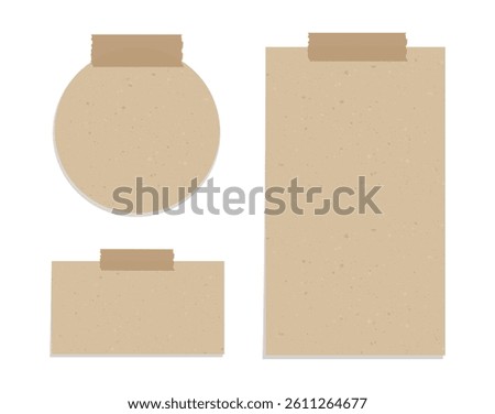 Aesthetic vintage brown paper note set. Recycled memo paper with adhesive tape vector illustration.