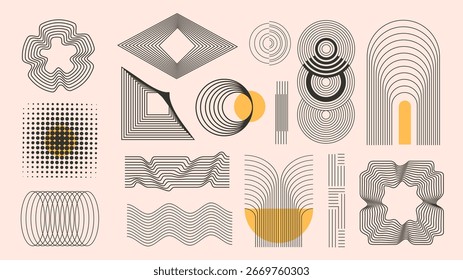 Conjunto de Elementos estéticos de forma geométrica vintage de mediados de siglo. Colección de rayas monocromas y círculos de puntos, cilindros, rombos, cuadrados, arcos, flores, otras líneas Formas. Ilustración vectorial.