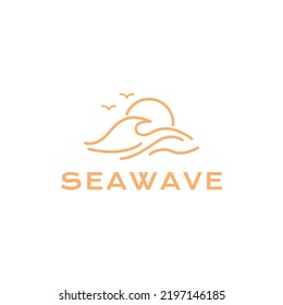 aesthetic wave with seagull and sunset logo design