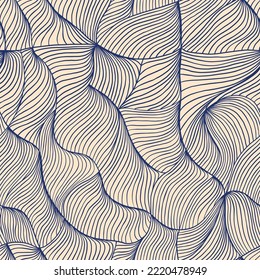 Aesthetic wavy seamless pattern. Delicate hand drawn texture with organic natural lines. Thin hand drawn ink strokes in flowing dynamic print for fabric design. Vintage retro japanese style texture.