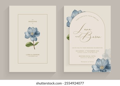 Aesthetic Wedding Invitation with Blue Flower Watercolor