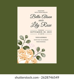 Aesthetic Wedding Invitation card with Watercolor Greenery Leaves and branch for olive background