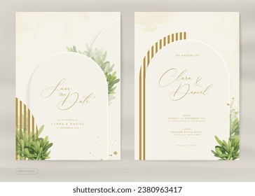 Aesthetic Wedding Invitation with Green Leaves Watercolor