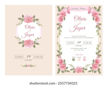 Aesthetic Wedding Invitation with Pink Rose Flower Watercolor.