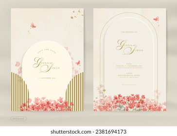 Aesthetic Wedding Invitation with Red Flower Watercolor Ornament