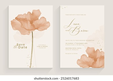 Aesthetic Wedding Invitation Tempate with Brown Watercolor Flower Arrangement