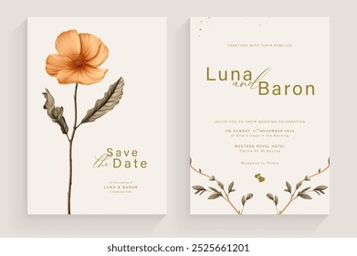 Aesthetic Wedding Invitation Tempate with Vintage Orange Flower Arrangement