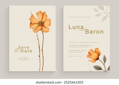 Aesthetic Wedding Invitation Tempate with Vintage Orange Flower Arrangement