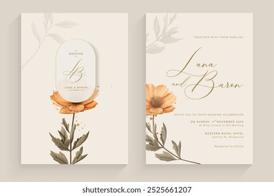 Aesthetic Wedding Invitation Tempate with Vintage Orange Flower Arrangement