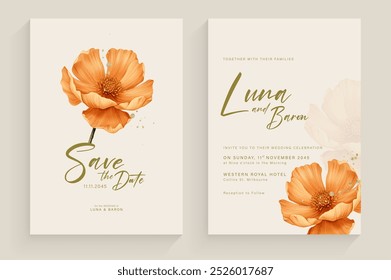 Aesthetic Wedding Invitation Tempate with Vintage Orange Flower Arrangement