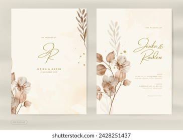 Plantilla de invitación de boda estética con acuarela floral marrón