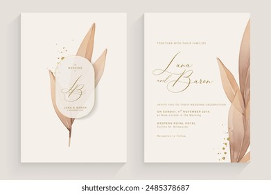 Aesthetic Wedding Invitation Template with Brown Leaves Watercolor