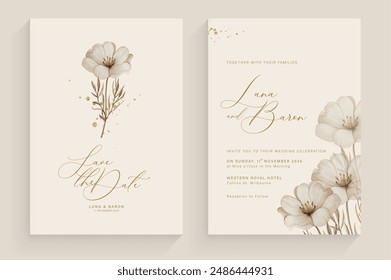 Aesthetic Wedding Invitation Template with Brown Flower Watercolor