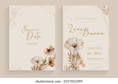 Aesthetic Wedding Invitation Template with Brown Floral Watercolor