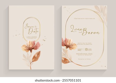 Aesthetic Wedding Invitation Template with Brown Floral Watercolor
