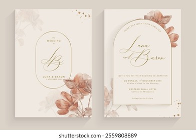 Aesthetic Wedding Invitation Template with Brown Floral Watercolor