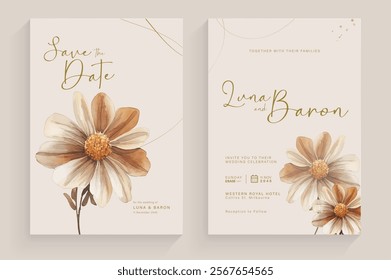 Aesthetic Wedding Invitation Template with Brown Flower Watercolor