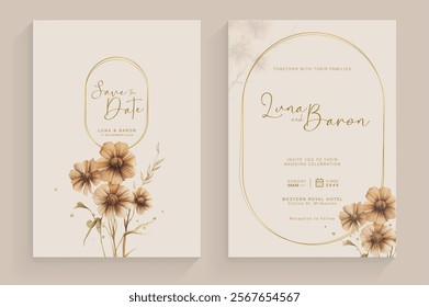 Aesthetic Wedding Invitation Template with Brown Flower Watercolor