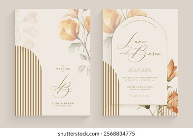 Aesthetic Wedding Invitation Template with Brown Flower Watercolor