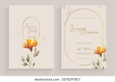 Aesthetic Wedding Invitation Template with Brown Flower Watercolor